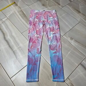 COOLOMG Womens Pink Blue Ombre Leaf Print Yoga Leggings Pockets Size Medium